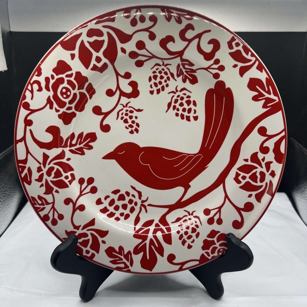 Pier 1 Imports Red Bird Silhouette Floral Stoneware 8.25" Salad Dessert Plate